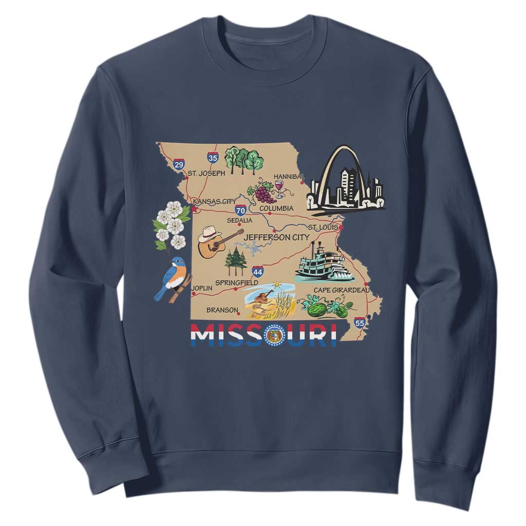 Missouri Map Landmarks Major Cities Roads Flag Sweatshirt TS14 Navy Print Your Wear