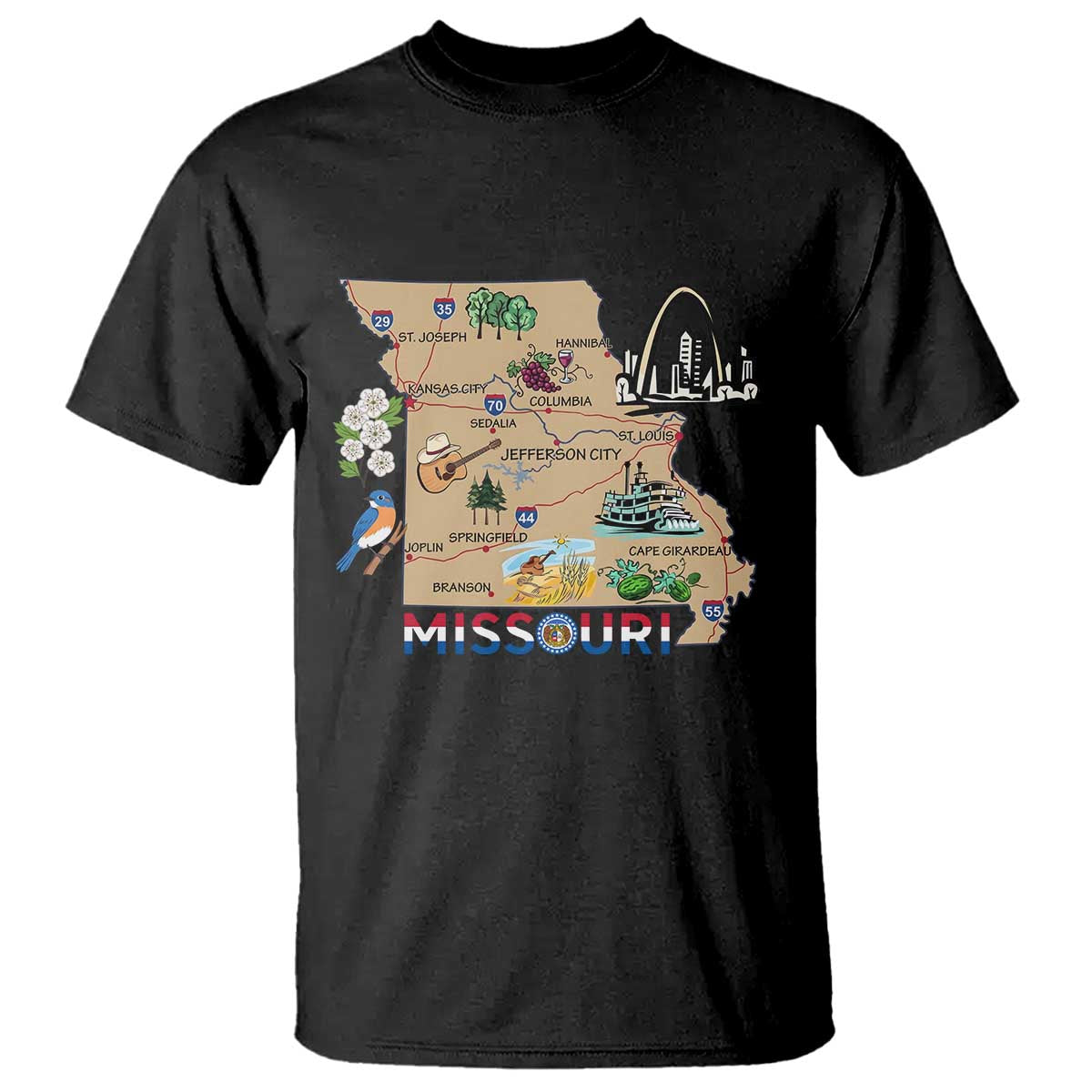 Missouri Map Landmarks Major Cities Roads Flag T Shirt TS14 Black Print Your Wear