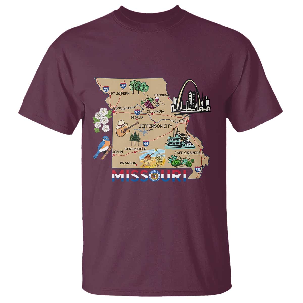 Missouri Map Landmarks Major Cities Roads Flag T Shirt TS14 Maroon Print Your Wear