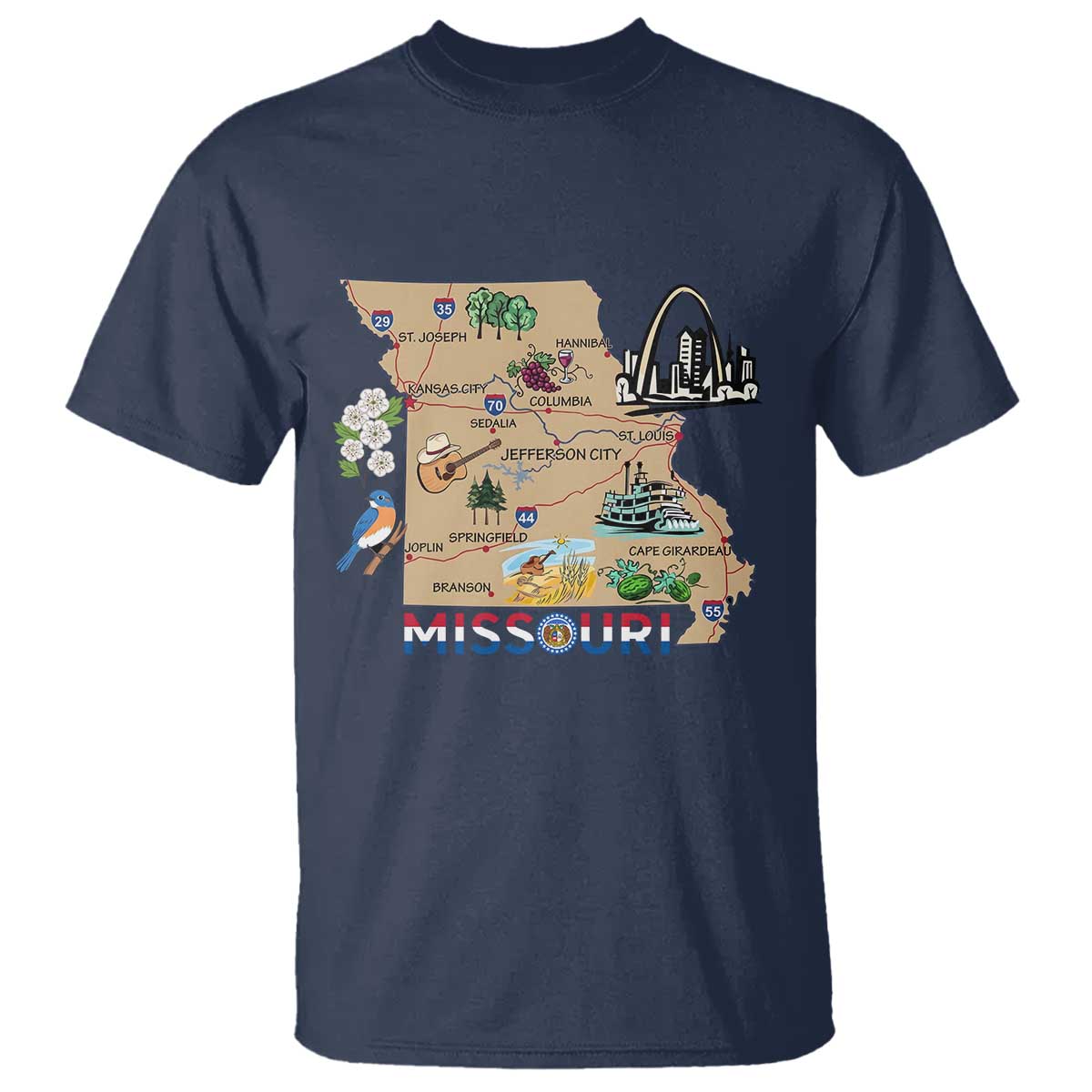 Missouri Map Landmarks Major Cities Roads Flag T Shirt TS14 Navy Print Your Wear