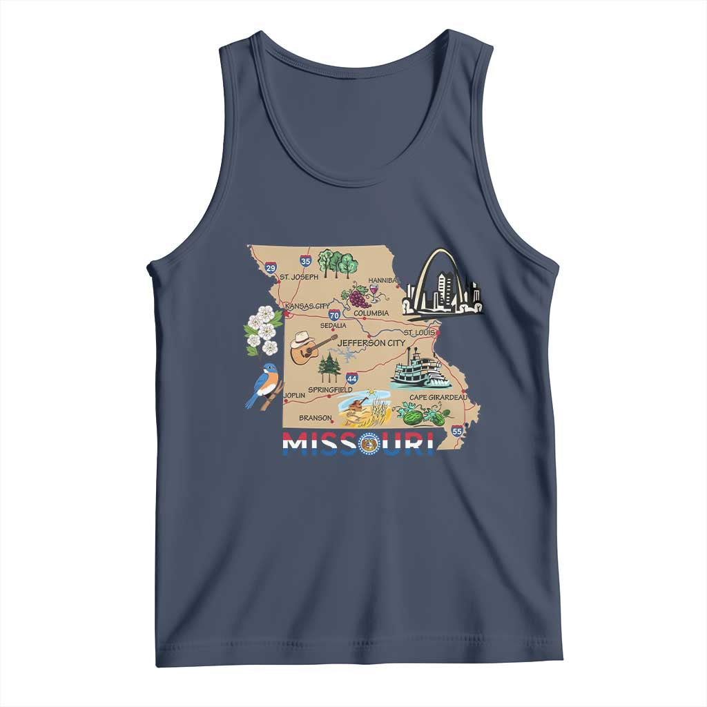 Missouri Map Landmarks Major Cities Roads Flag Tank Top TS14 Navy Print Your Wear