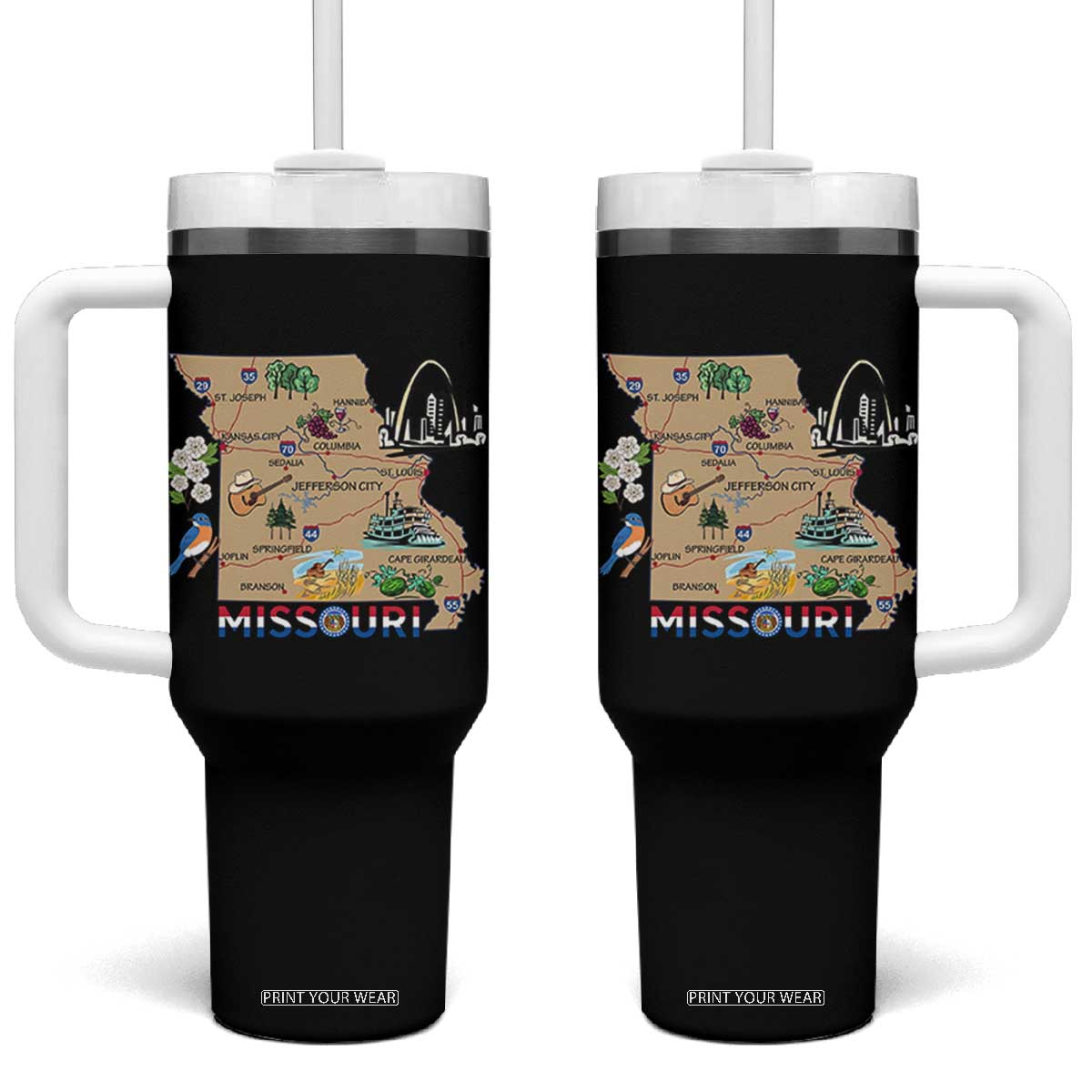 Missouri Map Landmarks Major Cities Roads Flag Tumbler With Handle TS14 One Size: 40 oz Black Print Your Wear
