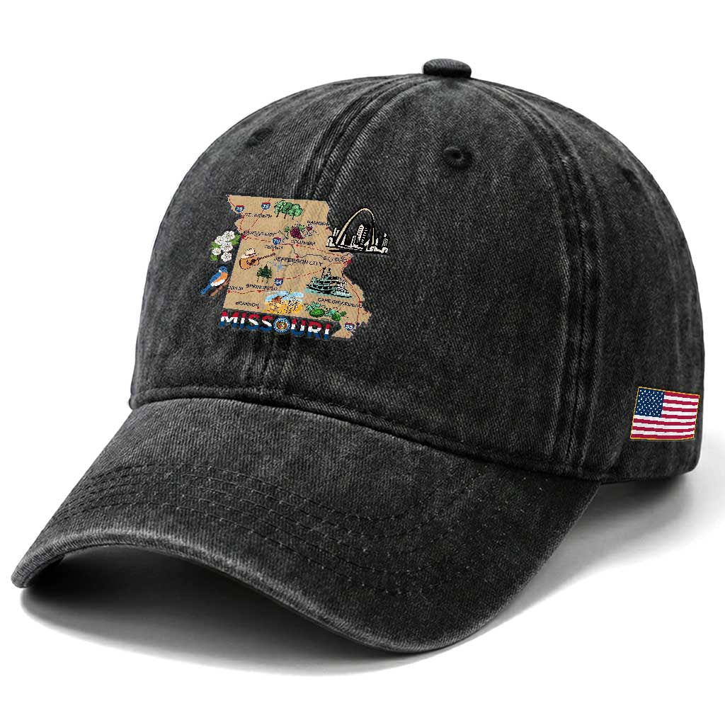 Missouri Map Landmarks Major Cities Roads Flag Washed Cotton Baseball Cap TS14 Print Your Wear