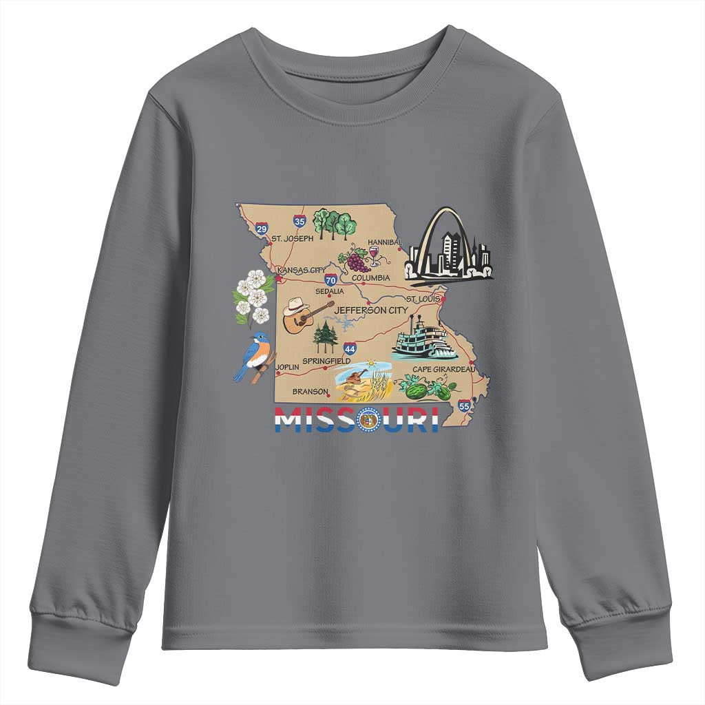 Missouri Map Landmarks Major Cities Roads Flag Youth Sweatshirt TS14 Charcoal Print Your Wear