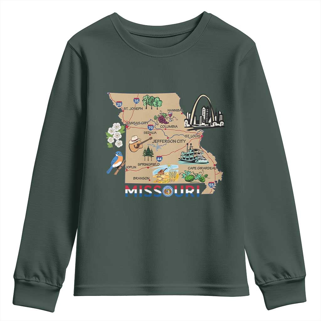 Missouri Map Landmarks Major Cities Roads Flag Youth Sweatshirt TS14 Dark Forest Green Print Your Wear