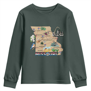 Missouri Map Landmarks Major Cities Roads Flag Youth Sweatshirt TS14 Dark Forest Green Print Your Wear