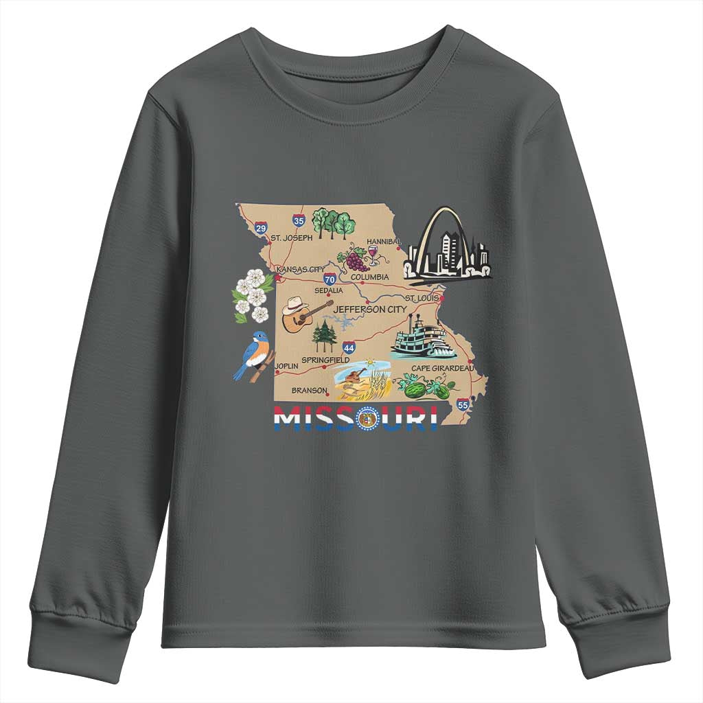 Missouri Map Landmarks Major Cities Roads Flag Youth Sweatshirt TS14 Dark Heather Print Your Wear