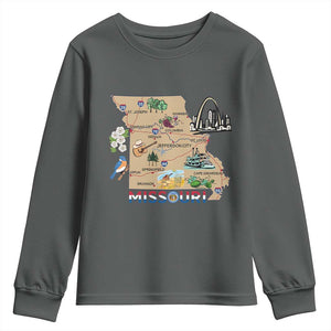 Missouri Map Landmarks Major Cities Roads Flag Youth Sweatshirt TS14 Dark Heather Print Your Wear