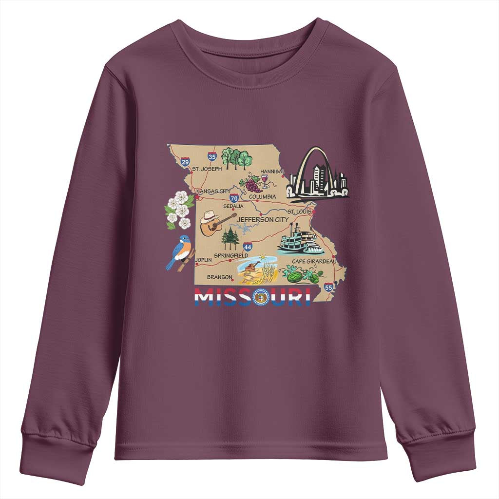 Missouri Map Landmarks Major Cities Roads Flag Youth Sweatshirt TS14 Maroon Print Your Wear