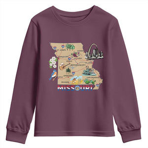 Missouri Map Landmarks Major Cities Roads Flag Youth Sweatshirt TS14 Maroon Print Your Wear