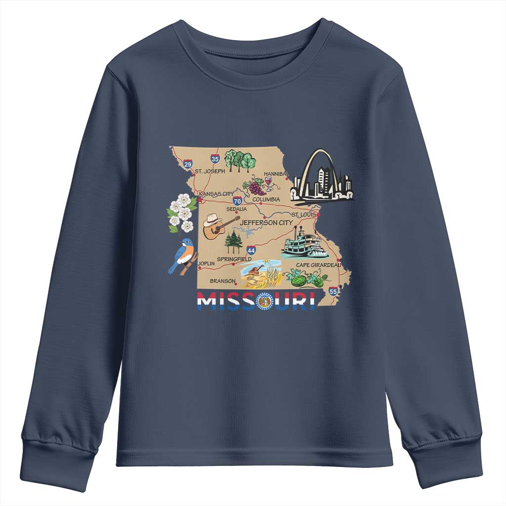 Missouri Map Landmarks Major Cities Roads Flag Youth Sweatshirt TS14 Navy Print Your Wear