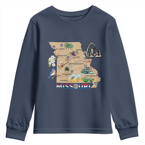 Missouri Map Landmarks Major Cities Roads Flag Youth Sweatshirt TS14 Navy Print Your Wear