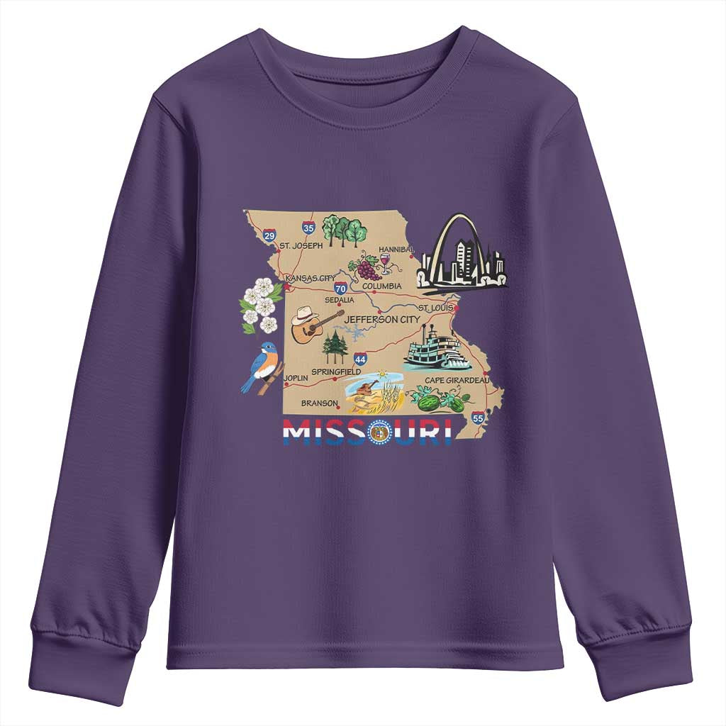 Missouri Map Landmarks Major Cities Roads Flag Youth Sweatshirt TS14 Purple Print Your Wear