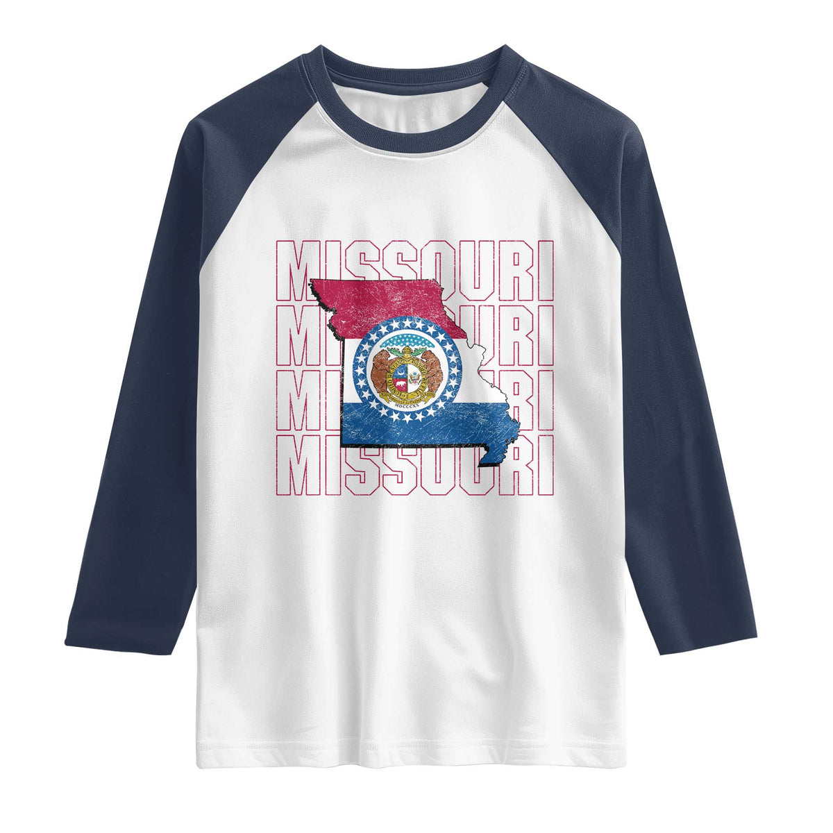 Missouri Flag Map State Distressed Raglan Shirt TS14 White Navy Print Your Wear