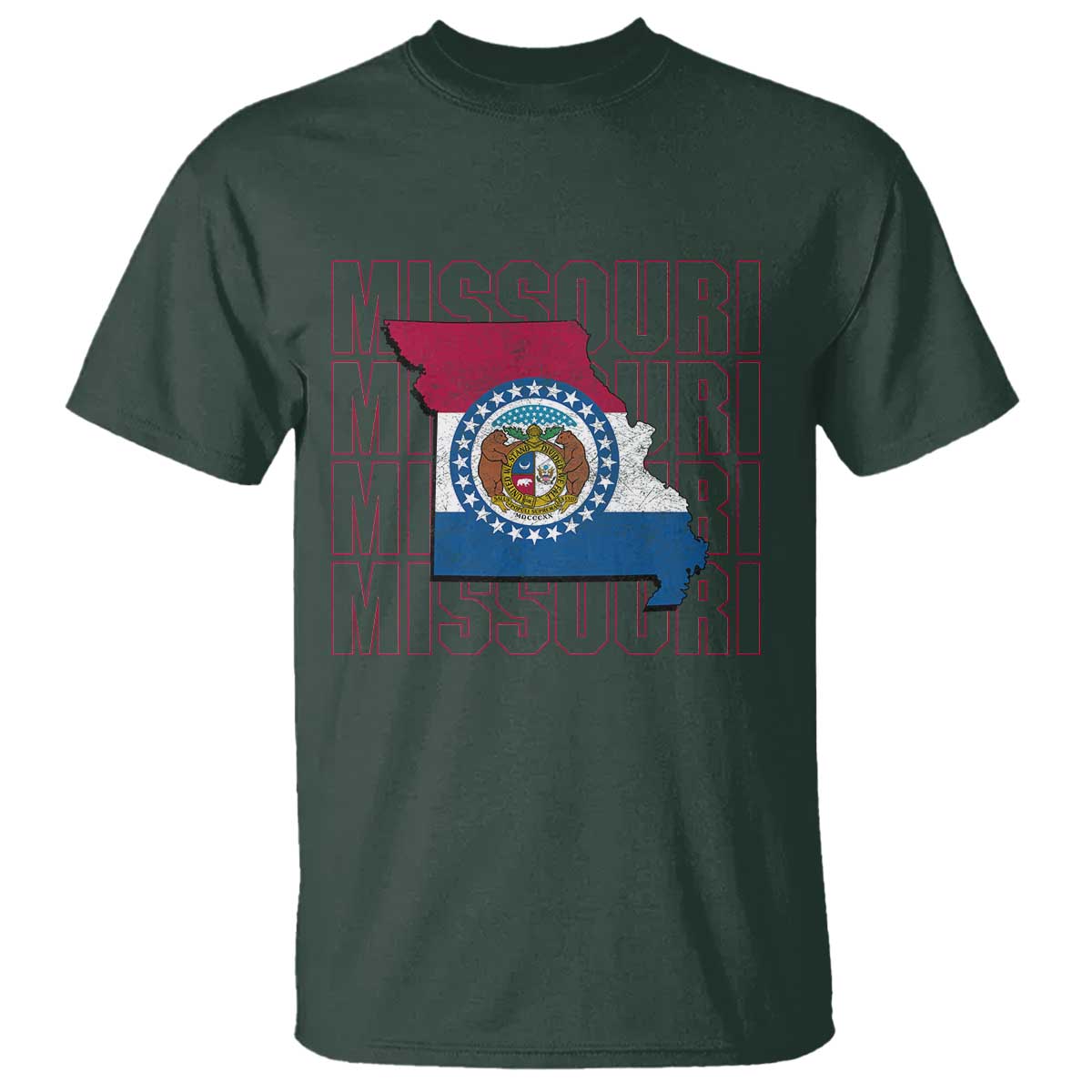 Missouri Flag Map State Distressed T Shirt TS14 Dark Forest Green Print Your Wear