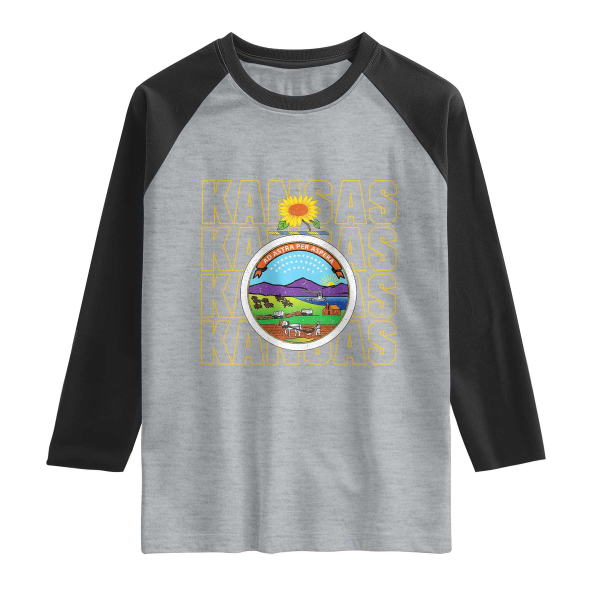 Retro Kansas Flag Vintage KS Souvenir Raglan Shirt TS14 Heather Gray Black Print Your Wear