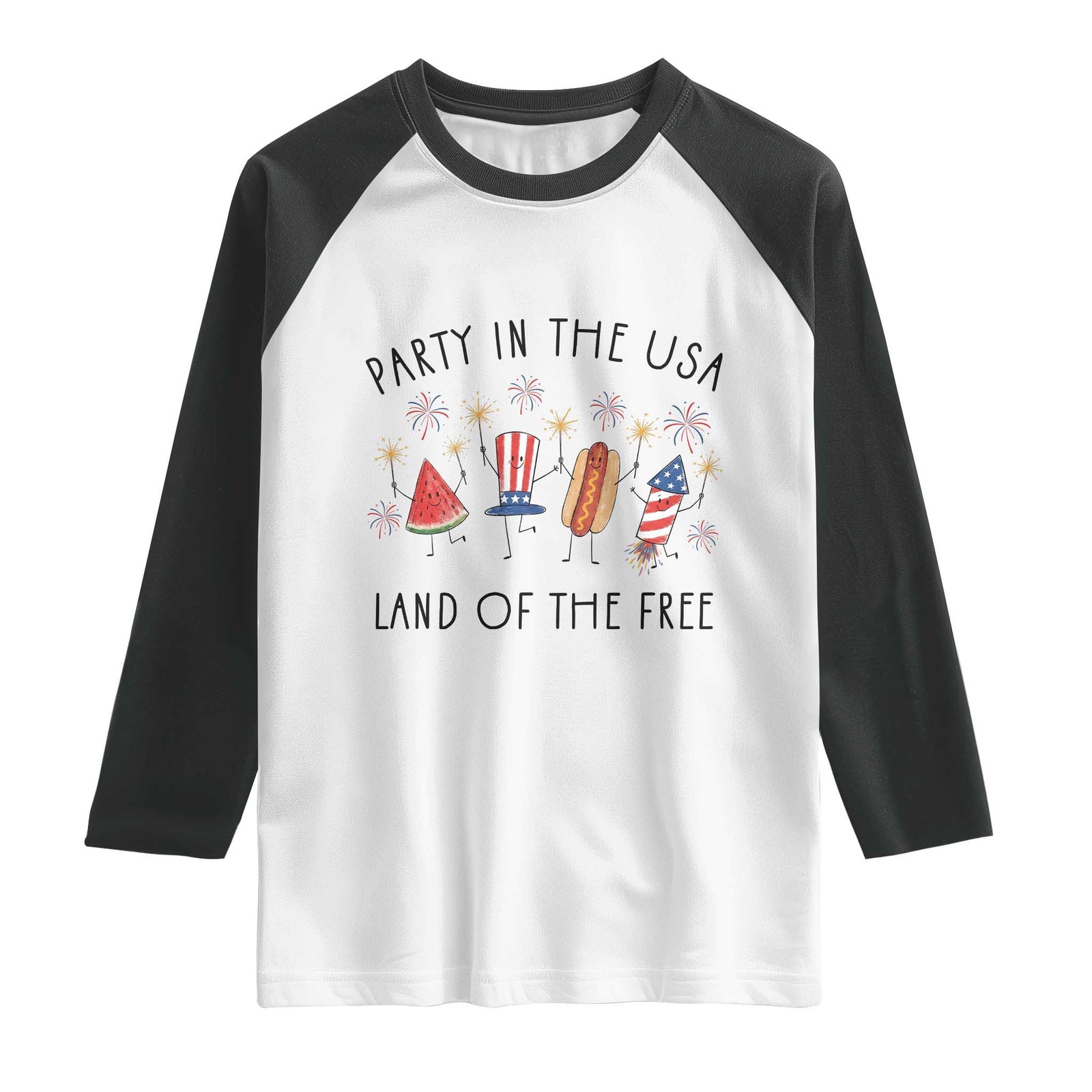 Patriotic Doodle Raglan Shirt Watermelon Hotdog Firework Cute Fourth of July TS14 White Black Print Your Wear