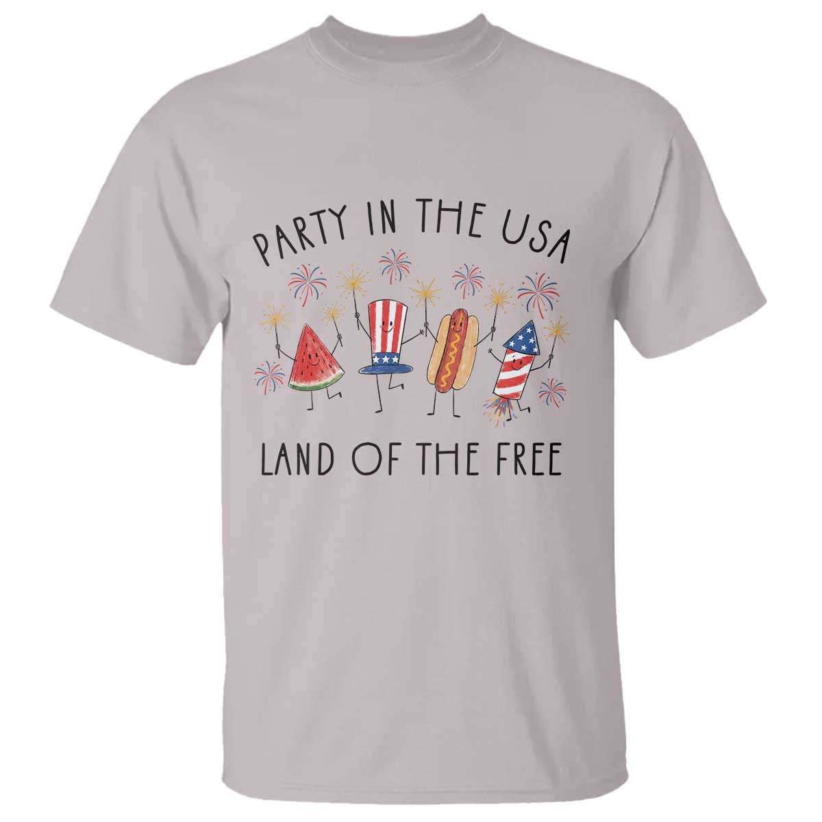 Patriotic Doodle T Shirt Watermelon Hotdog Firework Cute Fourth of July TS14 Ice Gray Print Your Wear