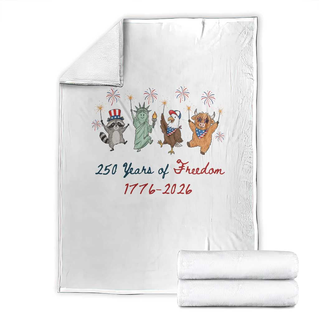 250 Years Of Freedom Throw Blanket Patriotic Doodle America Raccoon Goose Highland Cow 4th of July TS14 White Print Your Wear