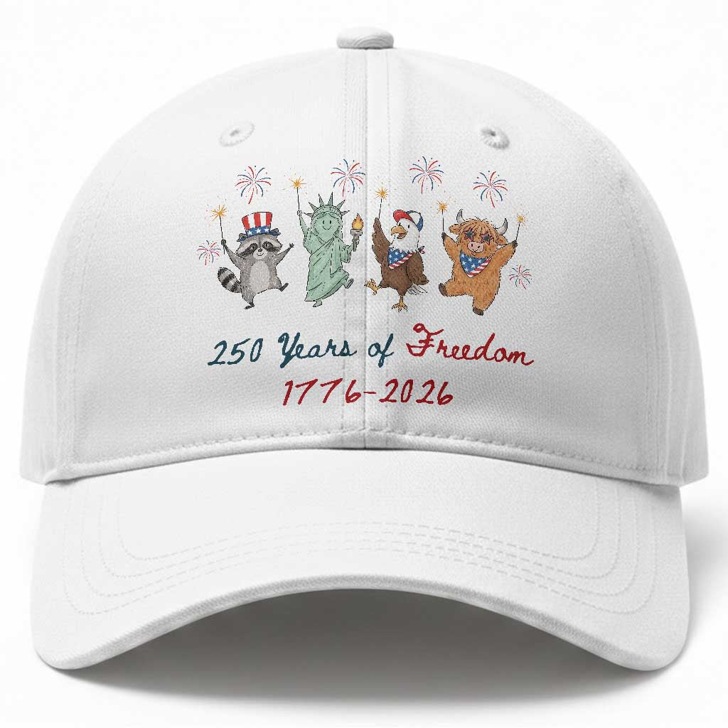 250 Years Of Freedom Baseball Cap Patriotic Doodle America Raccoon Goose Highland Cow 4th of July TS14 Print Your Wear