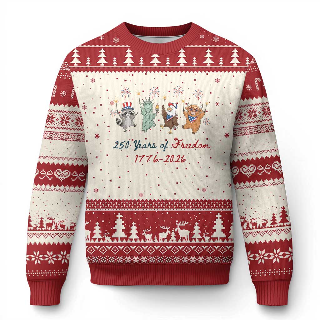 250 Years Of Freedom Ugly Christmas Sweater Patriotic Doodle America Raccoon Goose Highland Cow 4th of July TS14 Beige Red Print Your Wear