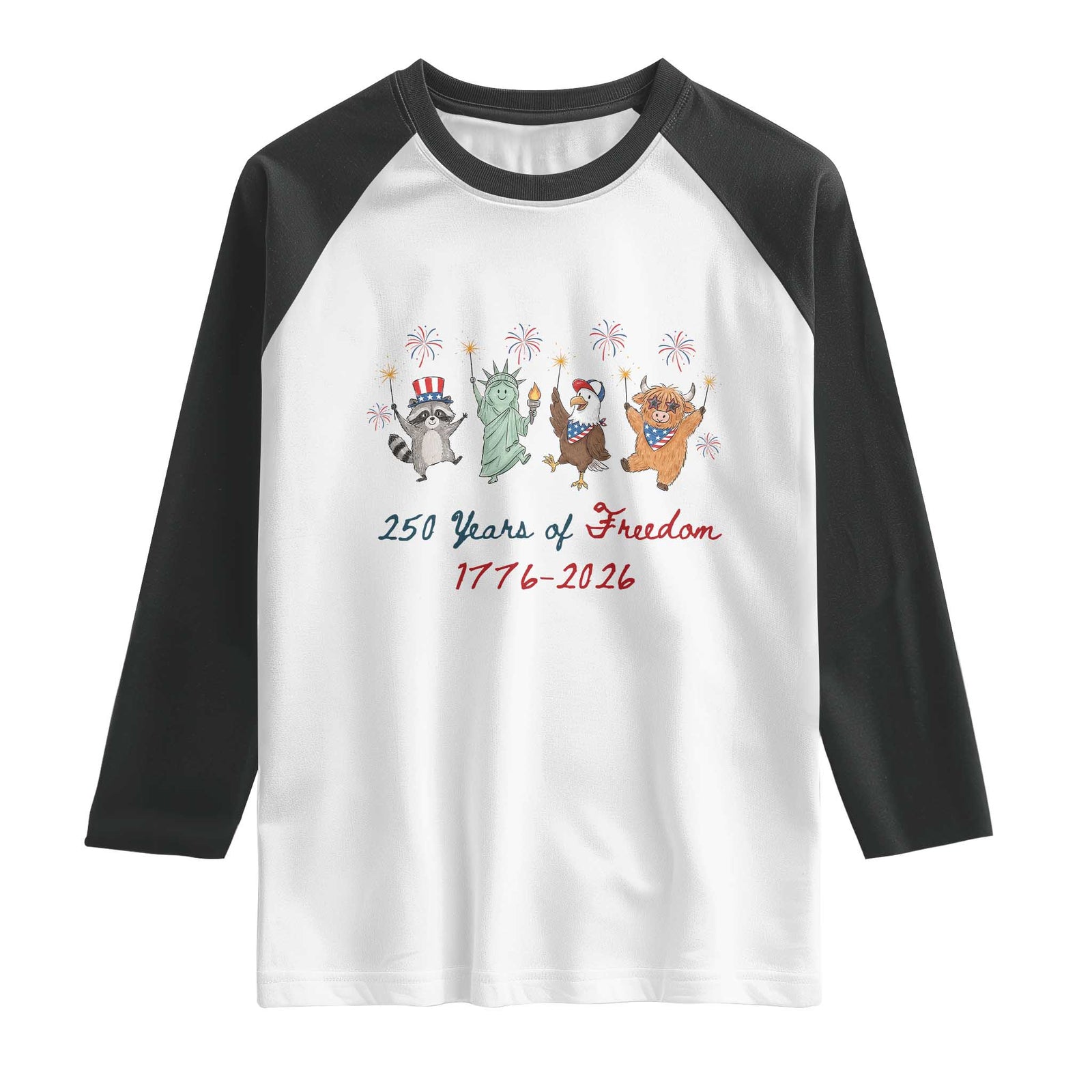250 Years Of Freedom Raglan Shirt Patriotic Doodle America Raccoon Goose Highland Cow 4th of July TS14 White Black Print Your Wear