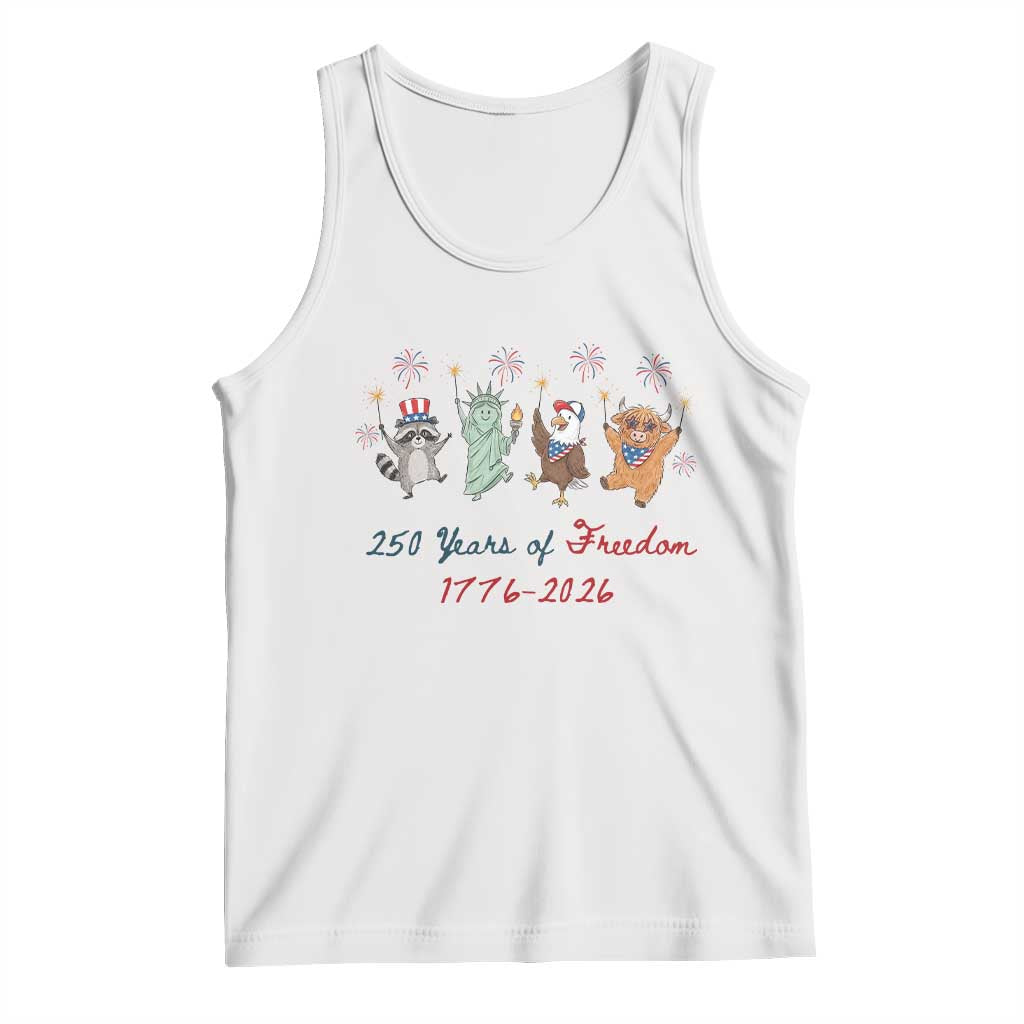 250 Years Of Freedom Tank Top Patriotic Doodle America Raccoon Goose Highland Cow 4th of July TS14 White Print Your Wear