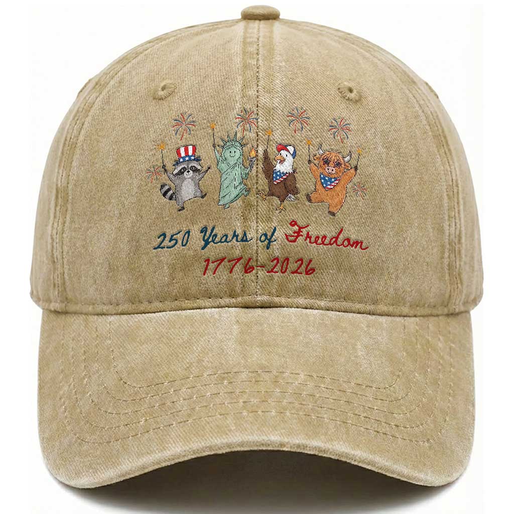 250 Years Of Freedom Washed Cotton Baseball Cap Patriotic Doodle America Raccoon Goose Highland Cow 4th of July TS14 Print Your Wear