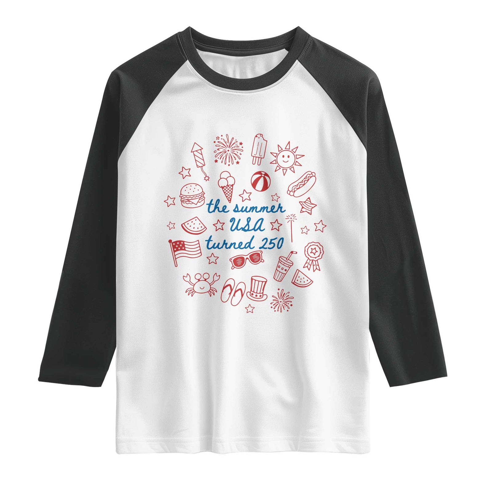 The Summer USA Turned 250 Raglan Shirt 250 Years America Anniversary 4th of July TS14 White Black Print Your Wear