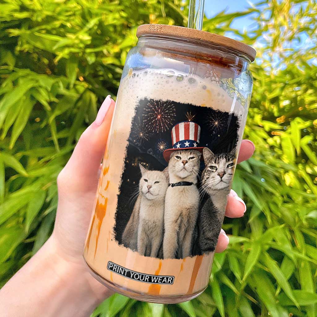 Patriotic Smoking Cat Glass Can Funny American Cat Lover 4th of July TS14 Black Print Your Wear
