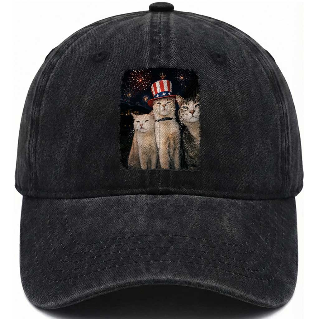 Patriotic Smoking Cat Washed Cotton Baseball Cap Funny American Cat Lover 4th of July TS14 Print Your Wear