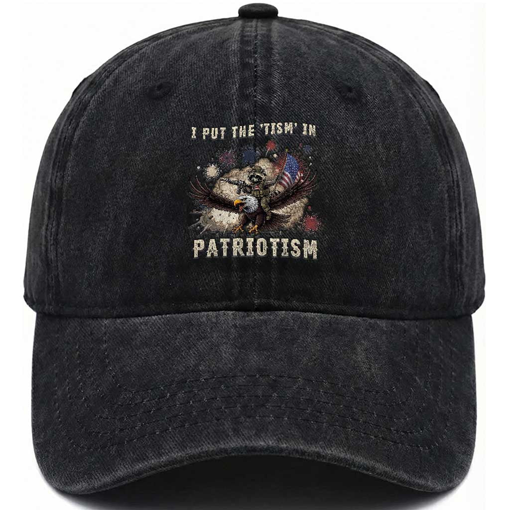 I Put The “Tism” in Patriotism Washed Cotton Baseball Cap Retro Eagle Raccoon USA Flag TS14 Print Your Wear
