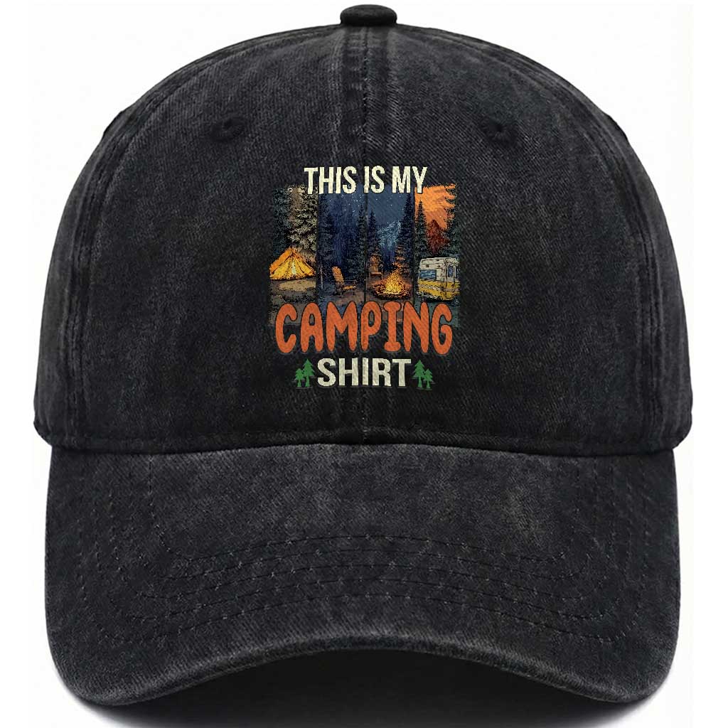 Funny Camper Glamper Washed Cotton Baseball Cap This Is My Camping Shirt TS14 Washed Cap Universal Fit Black Print Your Wear