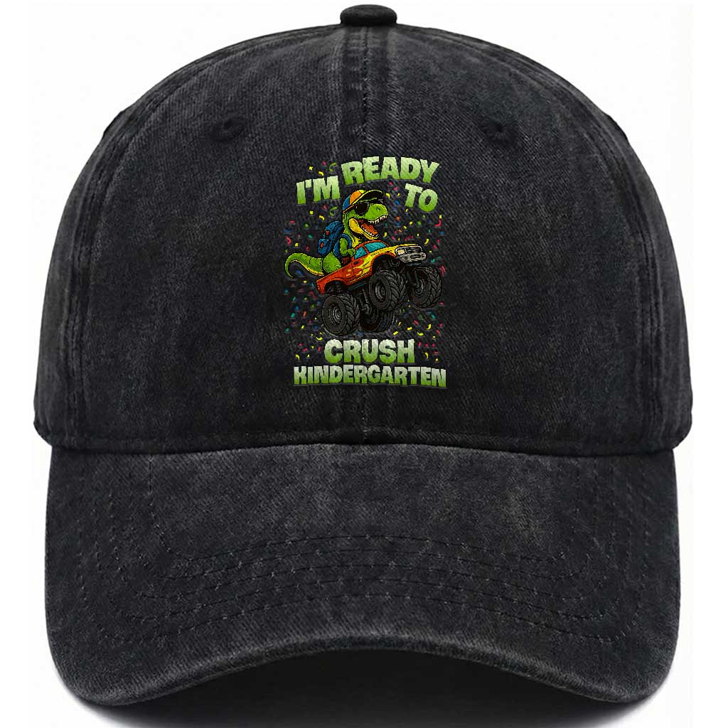Back To School Boy Dinosaur Washed Cotton Baseball Cap I Am Ready To Crush Kindergarten TS14 Washed Cap Universal Fit Black Print Your Wear