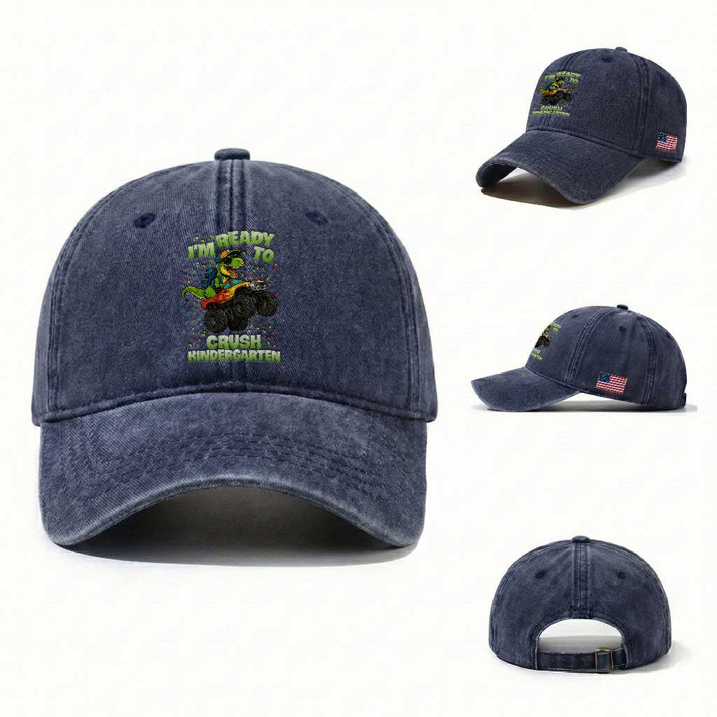 Back To School Boy Dinosaur Washed Cotton Baseball Cap I Am Ready To Crush Kindergarten TS14 Washed Cap Universal Fit Navy Print Your Wear