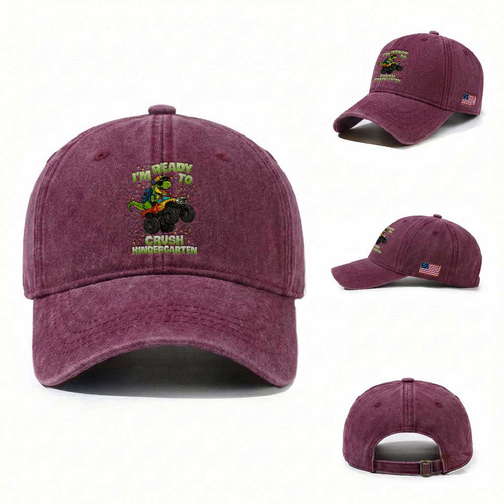 Back To School Boy Dinosaur Washed Cotton Baseball Cap I Am Ready To Crush Kindergarten TS14 Washed Cap Universal Fit Burgundy Print Your Wear