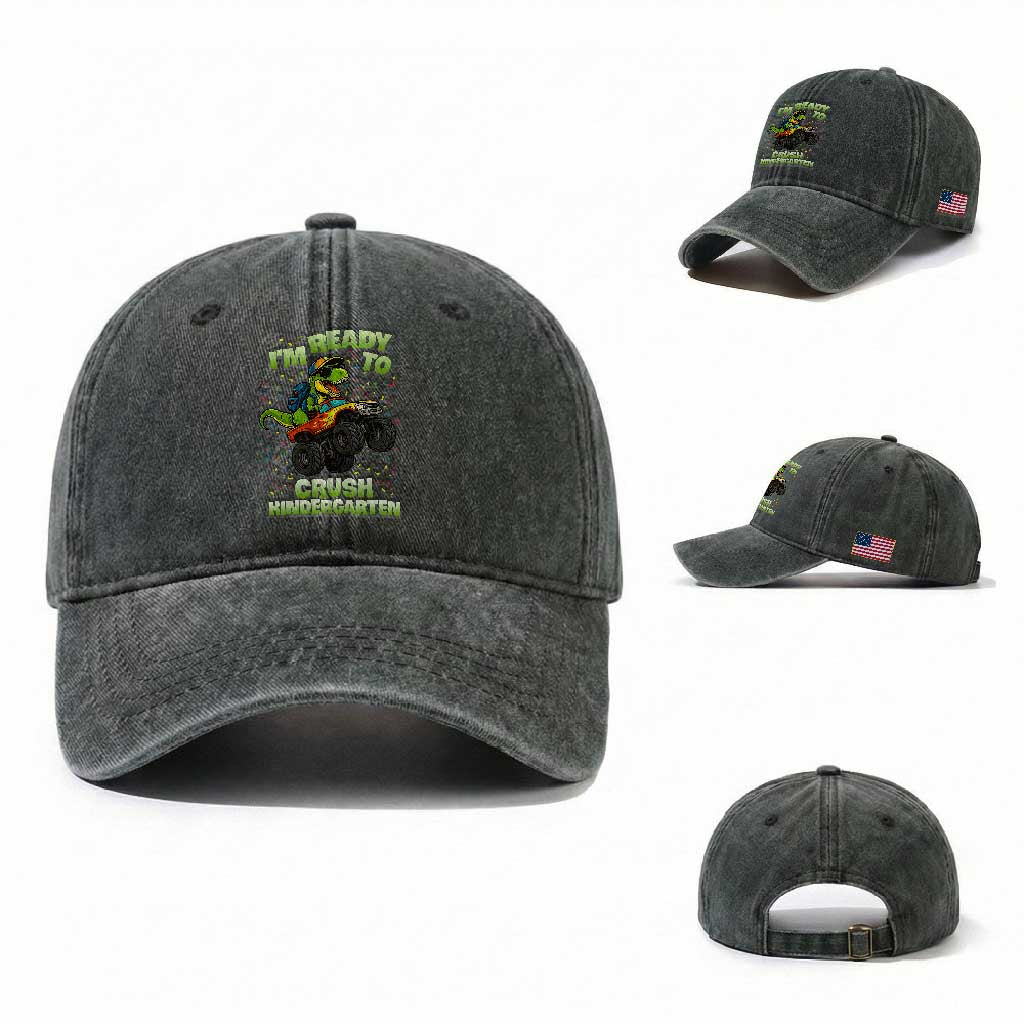 Back To School Boy Dinosaur Washed Cotton Baseball Cap I Am Ready To Crush Kindergarten TS14 Washed Cap Universal Fit Dark Green Print Your Wear
