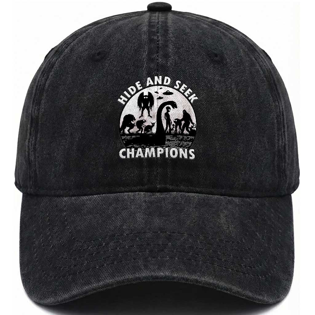 Hide And Seek Champions Washed Cotton Baseball Cap Funny Cryptid Cryptozoology TS14 Washed Cap Universal Fit Black Print Your Wear