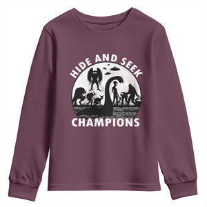 Hide And Seek Champions Youth Sweatshirt Funny Cryptid Cryptozoology TS14 Maroon Print Your Wear