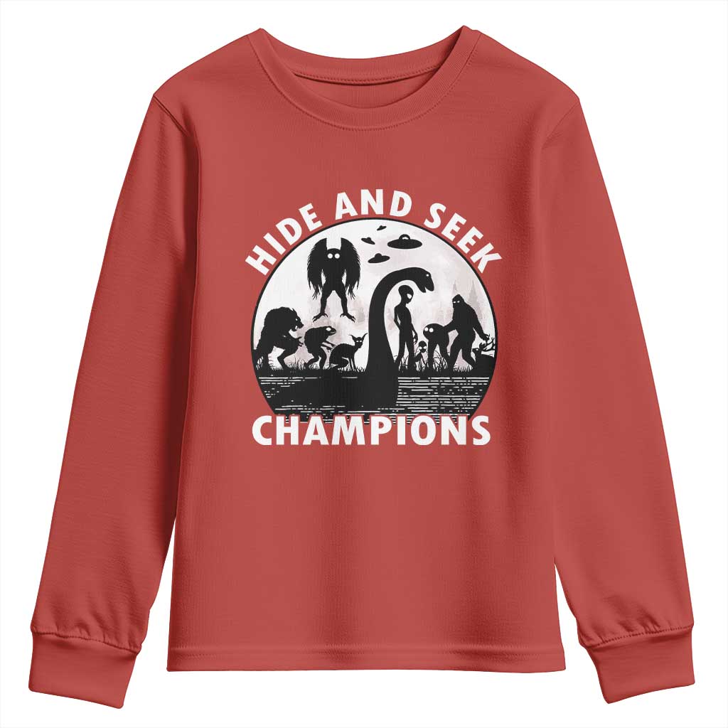 Hide And Seek Champions Youth Sweatshirt Funny Cryptid Cryptozoology TS14 Red Print Your Wear