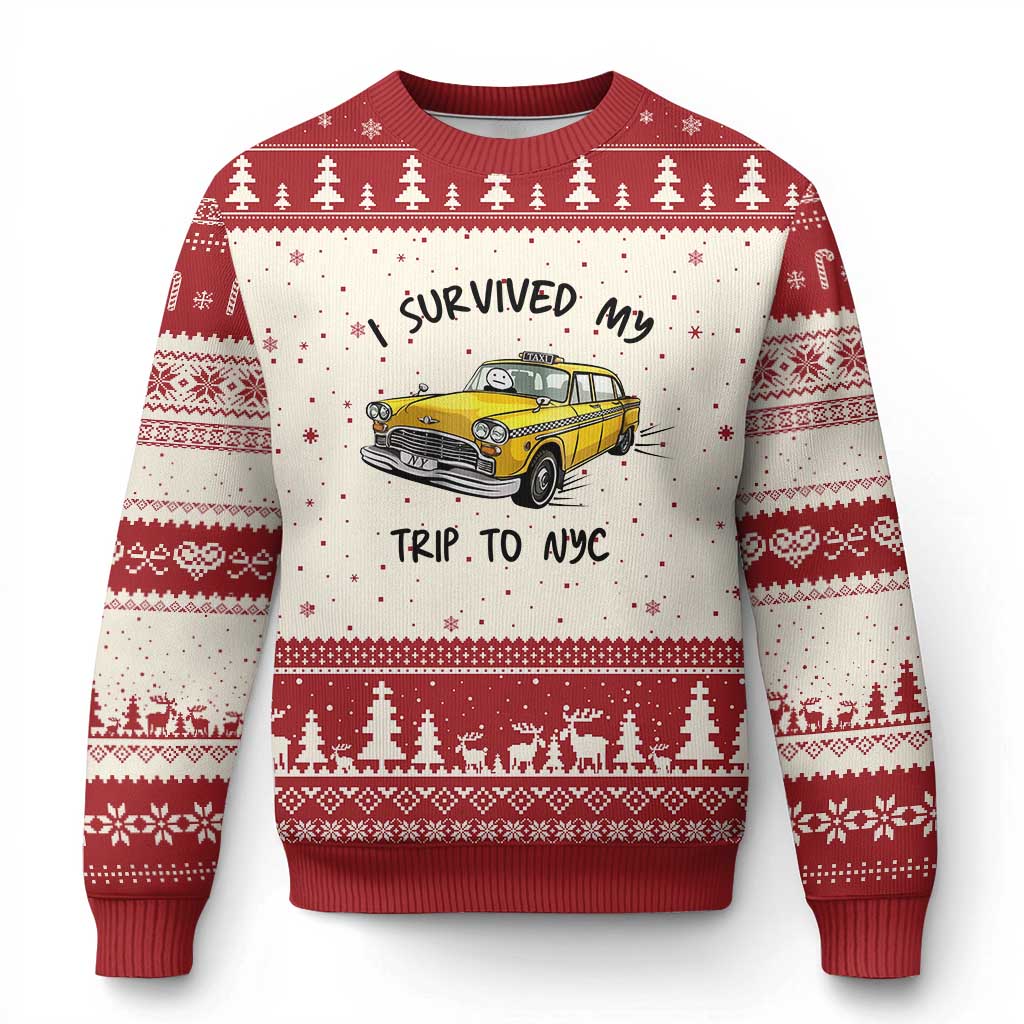 I Survived My Trip to NYC Ugly Christmas Sweater Funny New York City Yellow Taxi Meme Gift TS14 Beige Red Print Your Wear