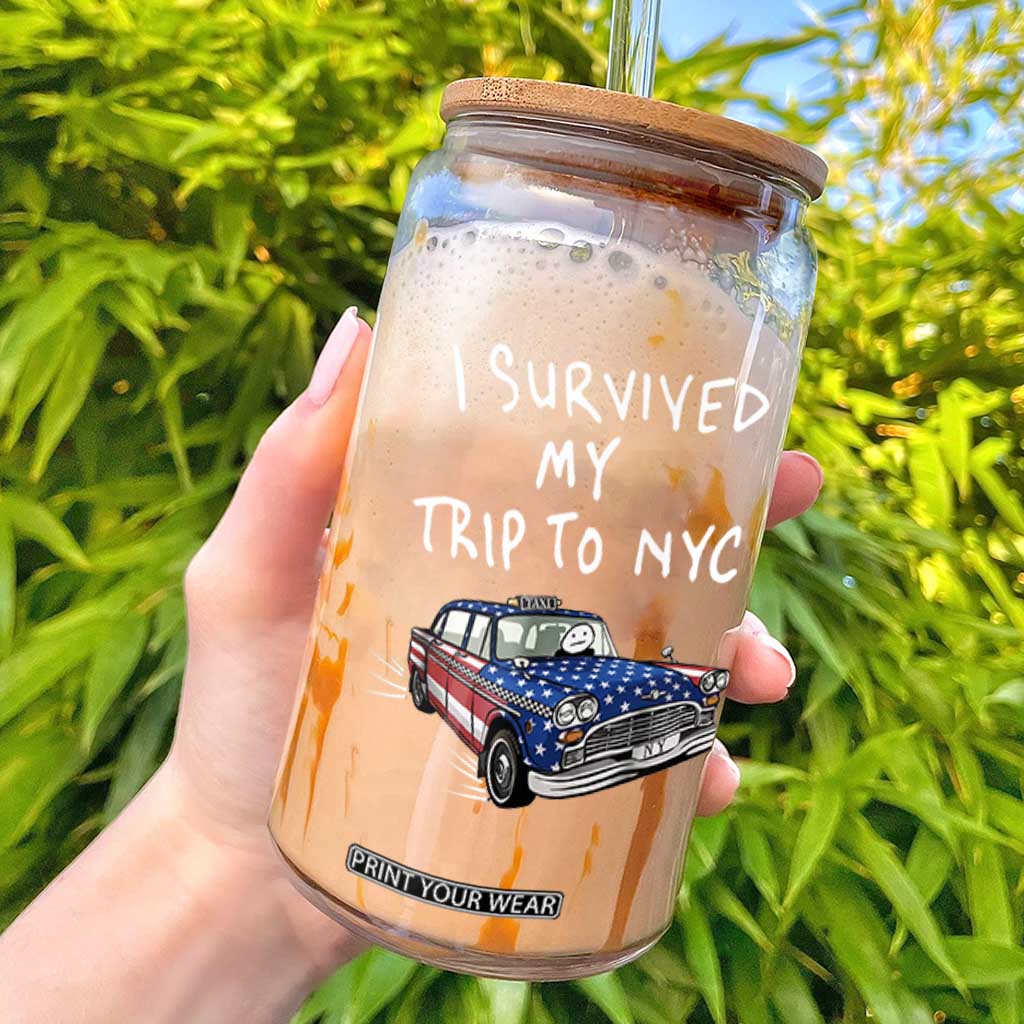 I Survived My Trip to NYC Glass Can Funny New York City USA Flag Taxi Meme TS14 Black Print Your Wear