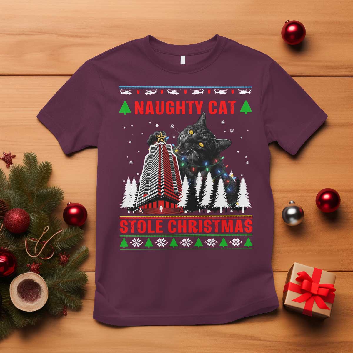 Nakatomi Plaza Christmas T Shirt Funny Naughty Santa Cat Humor TS14 Maroon Print Your Wear