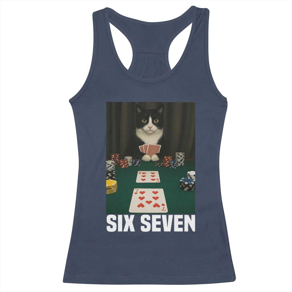 67 Poker Cat Racerback Tank Top Funny Six Seven Meme TS14 Navy Print Your Wear