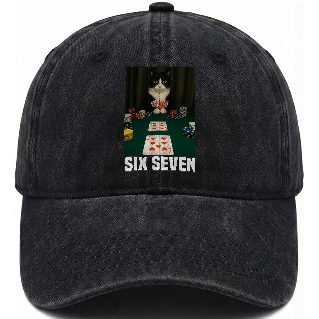 67 Poker Cat Washed Cotton Baseball Cap Funny Six Seven Meme TS14 Washed Cap Universal Fit Black Print Your Wear