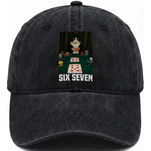 67 Poker Cat Washed Cotton Baseball Cap Funny Six Seven Meme TS14 Washed Cap Universal Fit Black Print Your Wear