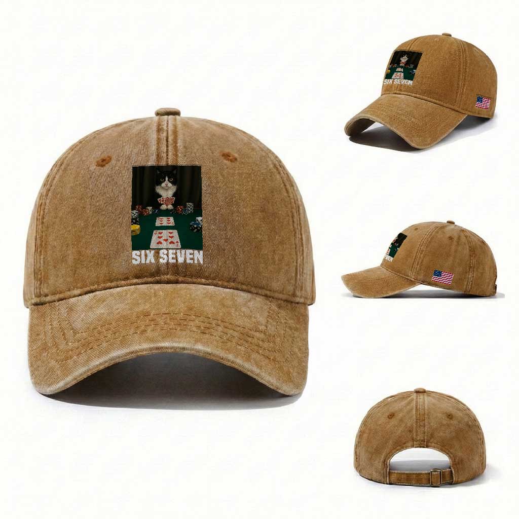 67 Poker Cat Washed Cotton Baseball Cap Funny Six Seven Meme TS14 Washed Cap Universal Fit Yellow Ochre Print Your Wear