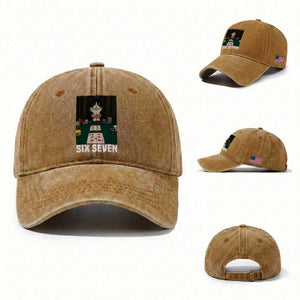 67 Poker Cat Washed Cotton Baseball Cap Funny Six Seven Meme TS14 Washed Cap Universal Fit Yellow Ochre Print Your Wear