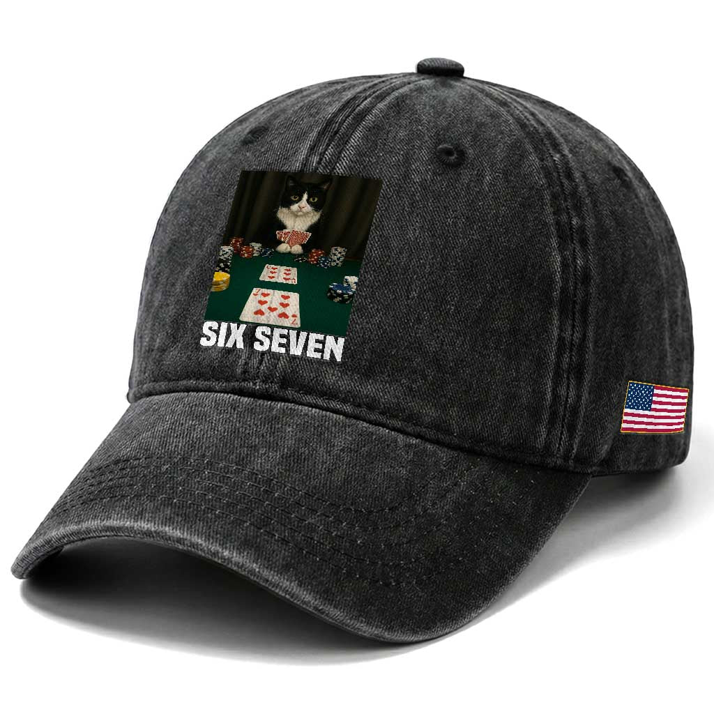 67 Poker Cat Washed Cotton Baseball Cap Funny Six Seven Meme TS14 Print Your Wear