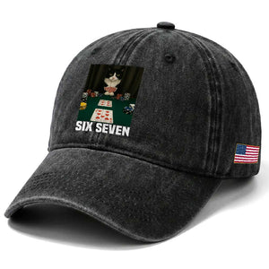 67 Poker Cat Washed Cotton Baseball Cap Funny Six Seven Meme TS14 Print Your Wear